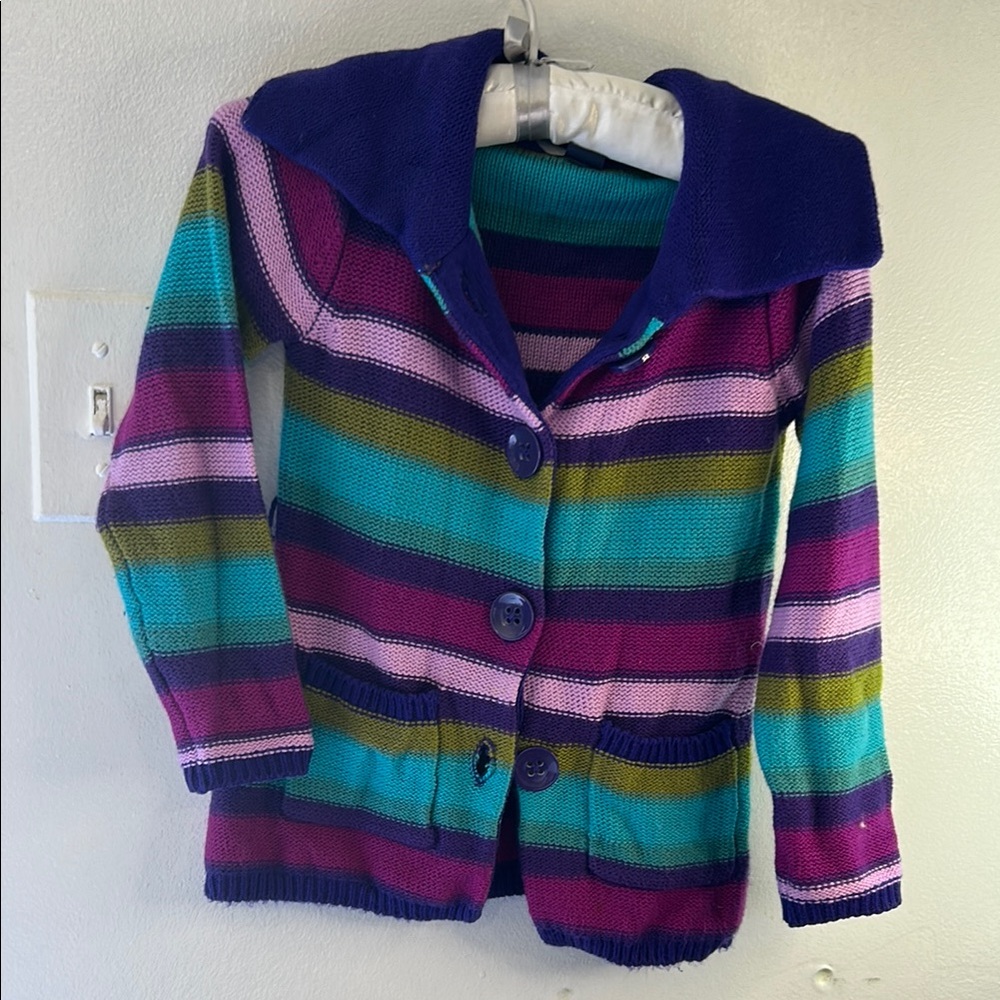Colorful Striped Cardigan with Blue Collar